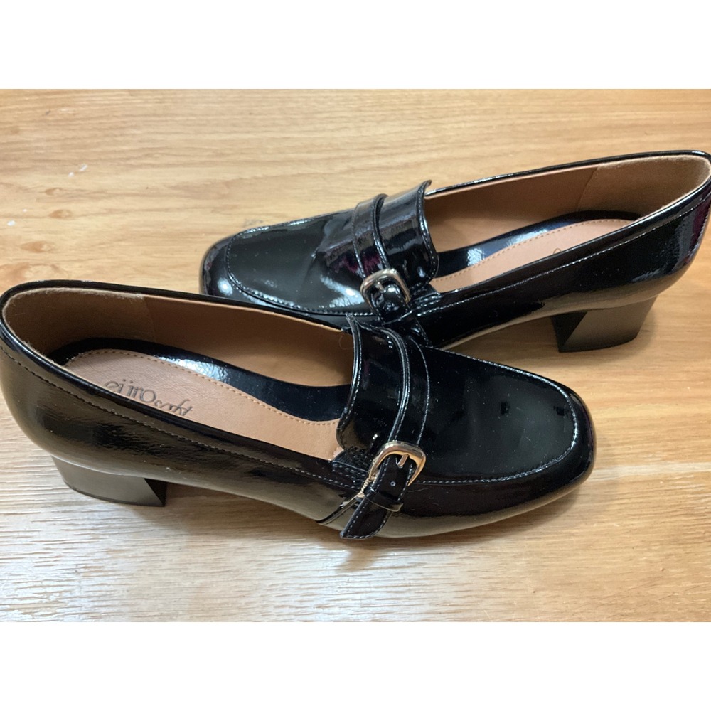 EuroSoft by Sofft Pearl Black Patent Block Heel Loafers Square Toe Pumps 10M